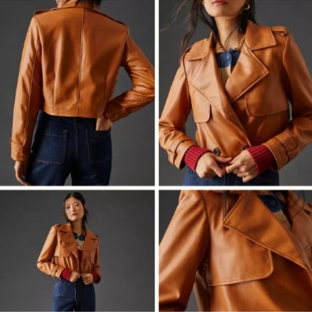 Anthropologie Avec Les Filles Caramel Vegan Leather Cropped Trench Coat Medium